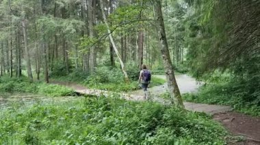 Bir kadın yaya köprüsü boyunca nehri yürüyerek geçiyor. Yüksek kalite 4k görüntü