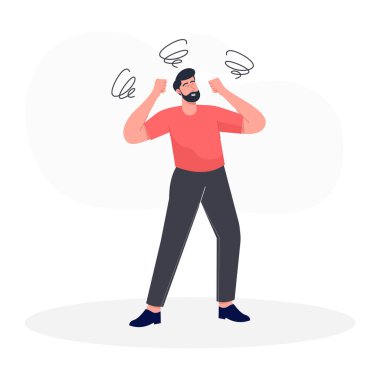 Sakallı, maske takan ve elektronik termometre kullanan genç bir adam. vektör düz illüstrasyon