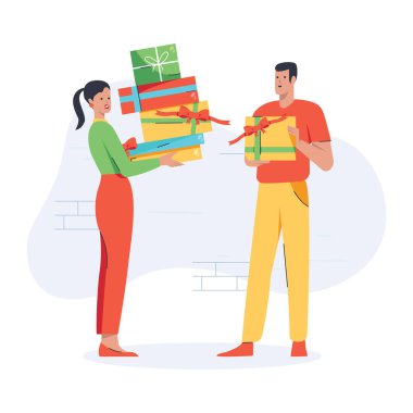 Hediye kutuları ve kadınları olan bir çift adam.