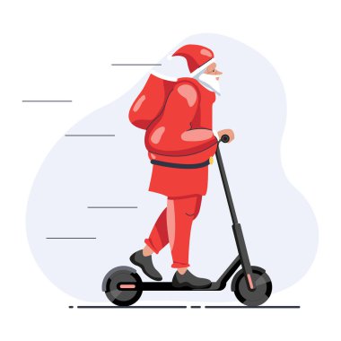 Elektrikli scooter ve Noel ağacı olan Noel Baba. Noel tatili. Beyaz arkaplanda izole edilmiş düz biçim vektör illüstrasyonu.