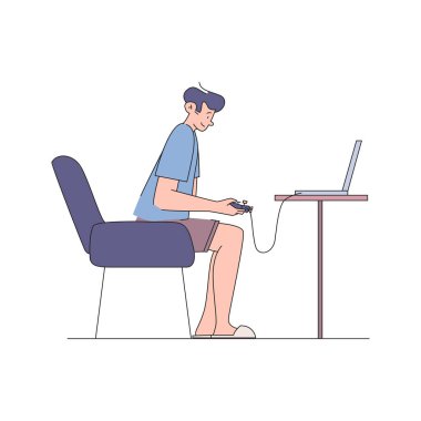 Genç adam beyaz arka planda bilgisayarla oturuyor.