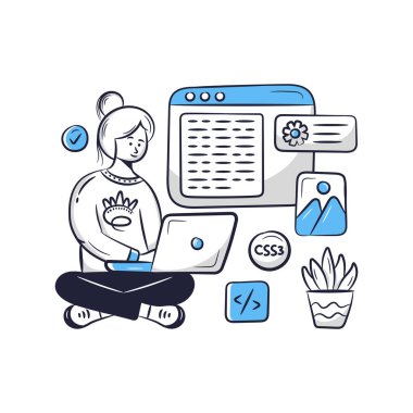 Dizüstü bilgisayar, internet, programlama, web, kodlama, cep telefonu ve mobil uygulama ile çalışan bir kadının vektör çizimi