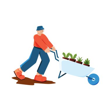 Kürek vektörüyle el arabasıyla çalışan bahçıvan.