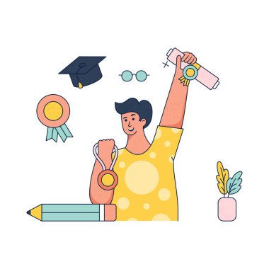 Vektör çizimi. Şapkalı ve şapkalı bir kız. Şapkalı bir öğrenci. Gözlüklü bir öğrenci ve açık bir kitabı olan bir şapka.