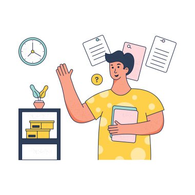 Dizüstü bilgisayarı ve saat vektör çizimi olan bir iş adamı.