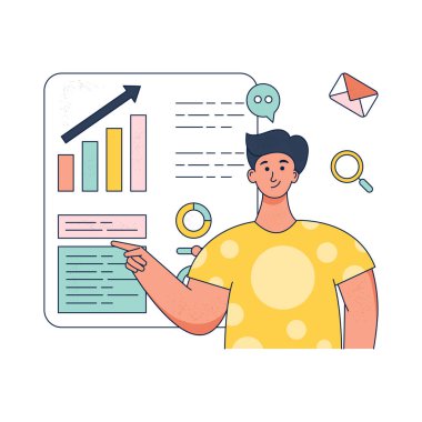 Dosyası ve istatistikleri olan genç bir adam.