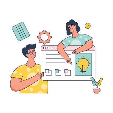 Laptop ve kahve vektörü illüstrasyonlu iş adamları