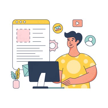 Dizüstü bilgisayarını kullanan bir adamın düz tasarımı, vektör illüstrasyonu