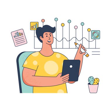 Laptop ve tabletli genç adam.