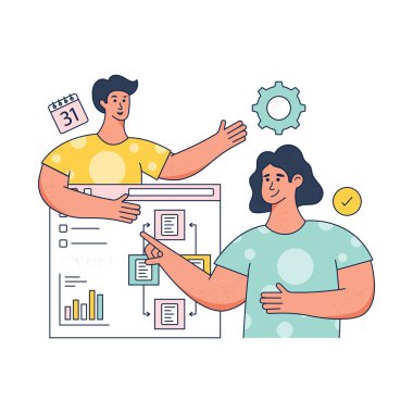 Ofiste çalışan bir grup insanın vektör çizimi, iş konsepti