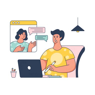 Ofiste genç bir erkek ve bir kızın vektör çizimi. iş, çevrimiçi iş, iletişim, iletişim.