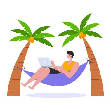 Hamakta palmiye ağacıyla çalışan genç adam.