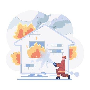 Yanan ev. Üniformalı bir adam elinde bir yangın söndürücü tutuyor. vektör düz illüstrasyon.