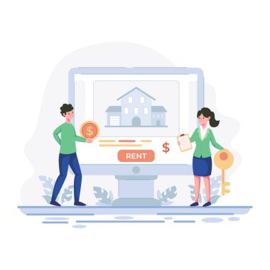 Ev başvurusu olan laptop ve tablet kullanan insanların düz çizimi, çevrimiçi gayrimenkul