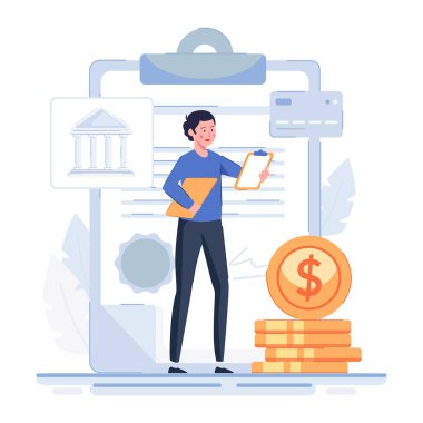 Dizüstü bilgisayar vektör illüstrasyonunda parası olan iş adamı