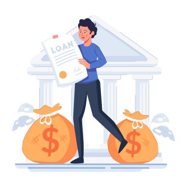 Siyah gömlekli ve kot pantolonlu genç mutlu iş adamı elinde para tutuyor. Beyaz arka planda izole edilmiş çizgi film karakteri. düz biçim vektör illüstrasyonu