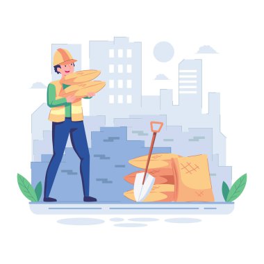 Çöp torbaları ve çöp torbası vektör çizim tasarımı olan bir adam.