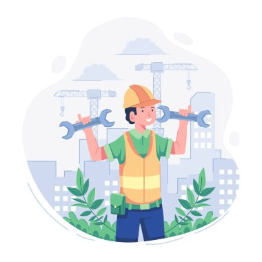 Miğferli ve eldivenli bir adam İngiliz anahtarı tutuyor.