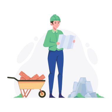 Parkta elinde çöp torbası olan bir adam. Ekoloji, ekoloji, çevre koruma, ekoloji kavramı. Beyaz arkaplanda izole edilmiş vektör düz illüstrasyon.