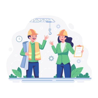 Mühendisler ve mühendis miğferleri inşaat projesinde çalışıyor. Dizüstü bilgisayarlı inşaat mühendisi. İnşaat mühendisi. vektör izole düz çizgi film illüstrasyonu