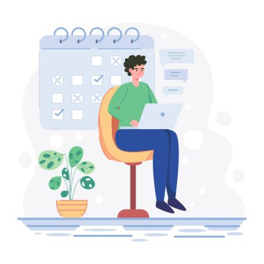 Online öğrenme. Genç adam evde oturuyor ve evde çalışıyor.