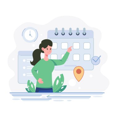 Dizüstü bilgisayarı ve takvim vektör çizimi olan kadın