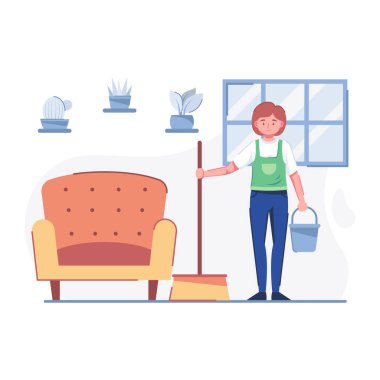 Elektrikli süpürge çizimi olan önlüklü ev hanımı.