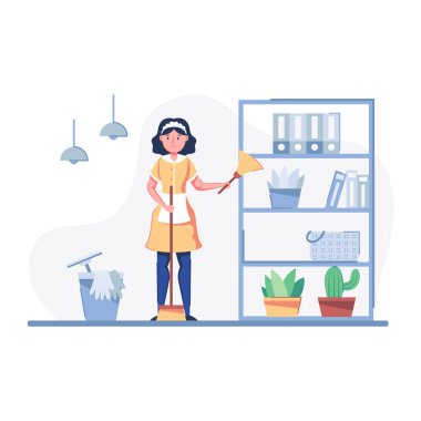 Ev hanımı, ev dekorasyonu tarzında temizlik yapıyor. Kadın temizlik ve ev işi. Temiz ev hanımı, temizlik ve ev hanımı.