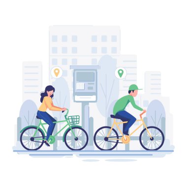 Bisiklet süren insanlar, bisikletli ve akıllı telefonlu bir adam, akıllı telefon kullanan bir kadın, vektör çizimi..