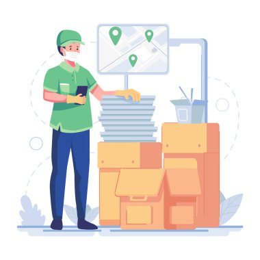 Paket kutuları ve akıllı telefon vektör çizimi tasarımı olan teslimatçı.