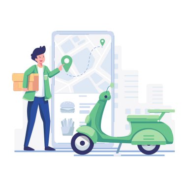 Mobil uygulama ve scooterlı teslimat servisi. vektör illüstrasyonu