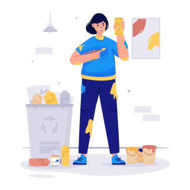 Çöp torbasındaki çöpleri temizleyen adam. vektör illüstrasyonu.