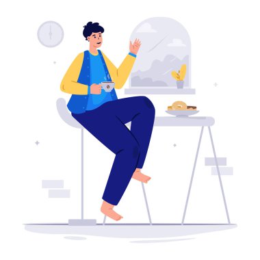 Genç bir kadın bir fincan çayla masada oturuyor.