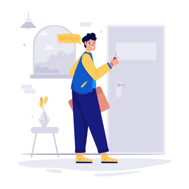 Teslimatçı kapıya yemek getiriyor, vektör çizimi.