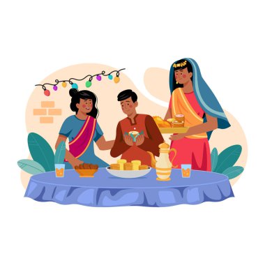 Geleneksel elbiseli mutlu Hintli çift evde Hint bayramını kutluyor.