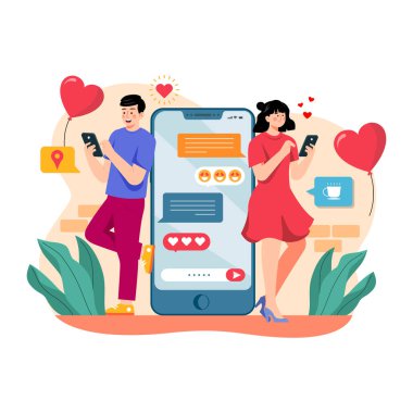 Online flört konsepti. Akıllı telefon, kadın ve erkek karakterli çiftlerin düz vektör çizimi. Çıkma, ilişki, çıkma. tarih, ilişki konsepti