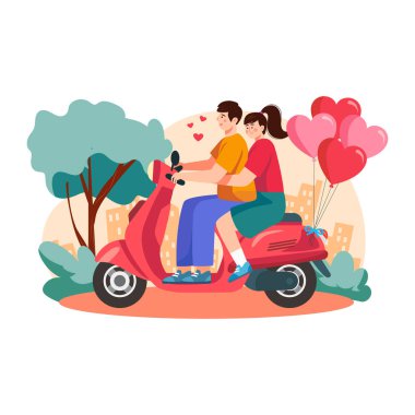 Scooter süren bir çift. Motosiklet süren romantik bir çift. vektör düz tasarım çizimi