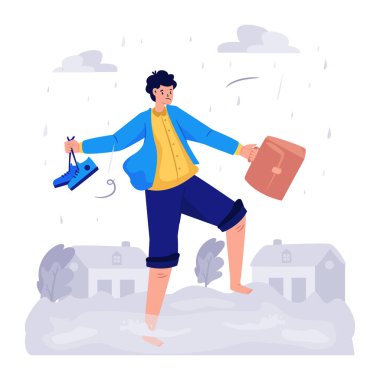 Illustration of a man trying to get through flood water to get to the office when it rains clipart