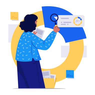 Bir kadın analist, grafiksel bir raporda çapraz kontrol için alınan verileri inceliyor.