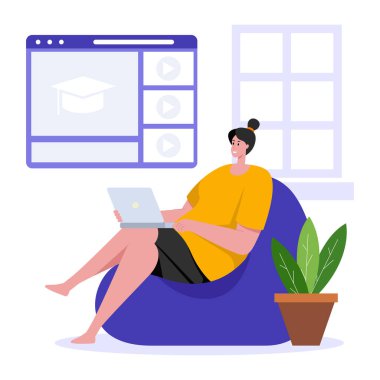 Online eğitim konsepti. Akıllı telefon kullanan öğrenci bir kadın, dizüstü bilgisayar. düz vektör illüstrasyonu