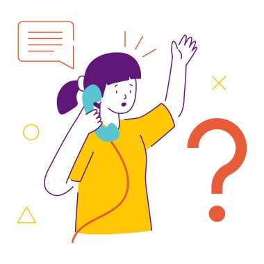 Telefonda soru işareti olan genç bir kız. düz vektör illüstrasyonu.