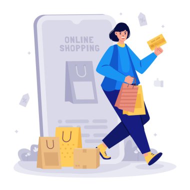 İnternet alışverişi, teslimat konsepti. Şapkalı bir adam ve paketli bir çantanın vektör çizimi.