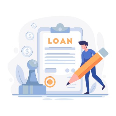 Amerikan kredisinin, ödeme kredisinin, borcun, borcun, kredinin düz tasarımının vektör çizimi. Övgüyü elinde tutan bir erkek ve bir kadın