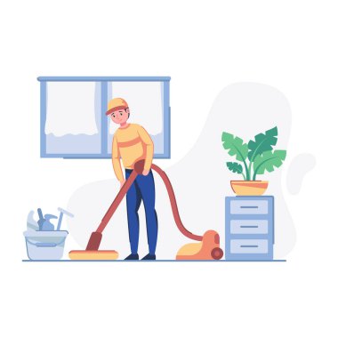 Genç adam süpürge ve paspasla evi temizliyor.