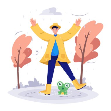 Sırt çantalı, yağmurda yürüyen sevimli, mutlu bir çocuk. vektör illüstrasyonu