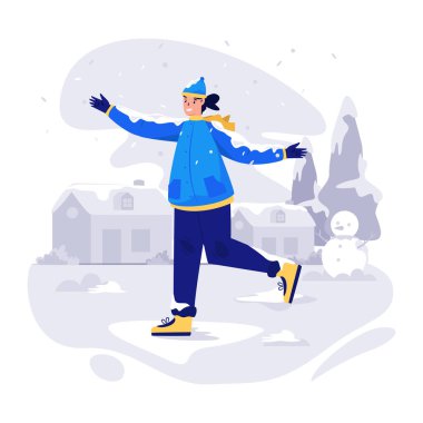 Mavi ceketli, elinde sırt çantası olan mutlu bir adam kış vektörü çizimi yapıyor. düz çizgi film biçimi.