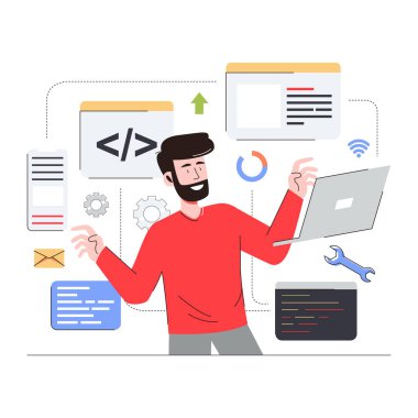Dizüstü bilgisayarı ve akıllı telefon vektör çizimi olan bir programcı