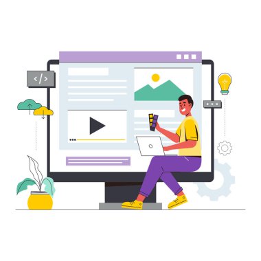 Online öğrenme konsepti. Beyaz tişörtlü ve dizüstü bilgisayarlı bir adam. vektör çizgi film karakteri.