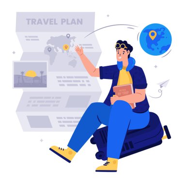 Haritalı ve akıllı telefonlu gezgin, vektör düz tasarım çizimi. Turist seyahati ve seyahat kavramı.