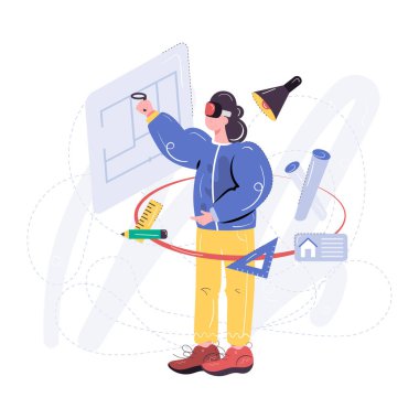 Sanal gerçeklik konsepti, vektör çizimi. beyaz arkaplanda izole edilmiş düz biçim.